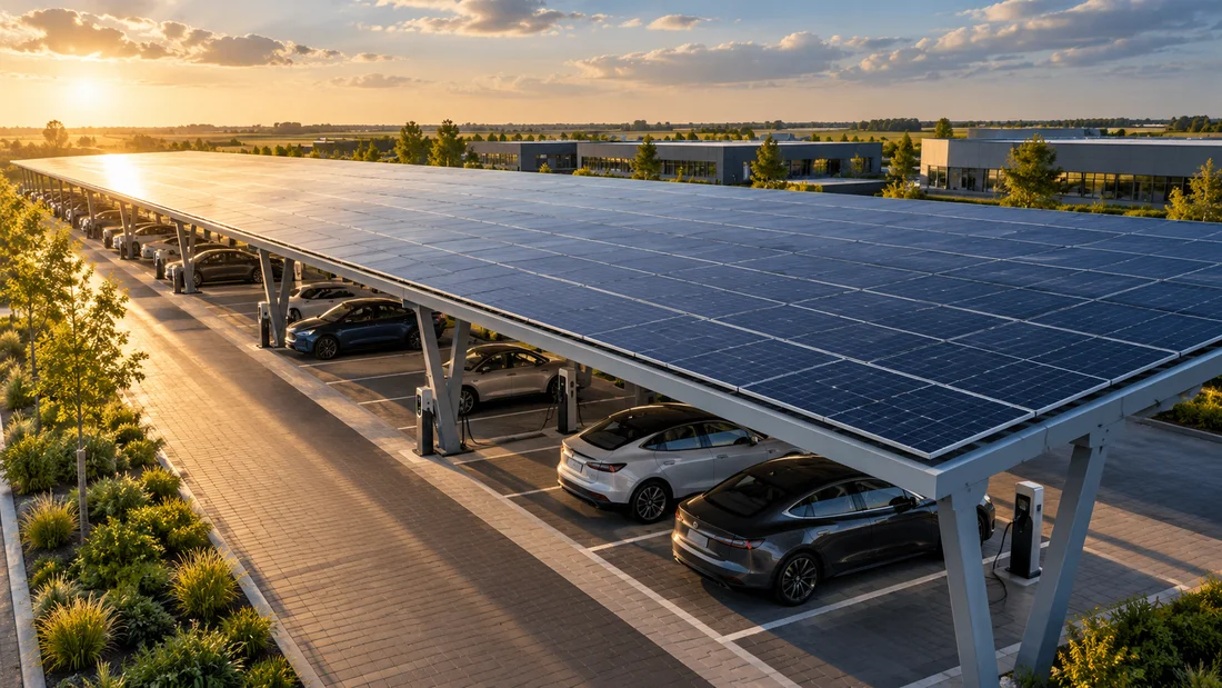 Illustrative solar carport with panels and charging points in a Dutch-style business park